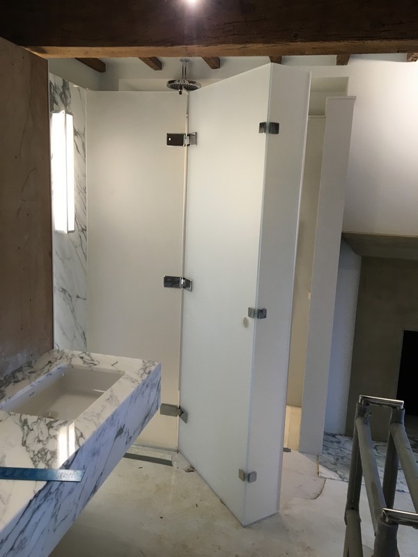 Bespoke frosted glass shower enclosure in Thornton Heath luxury bathroom